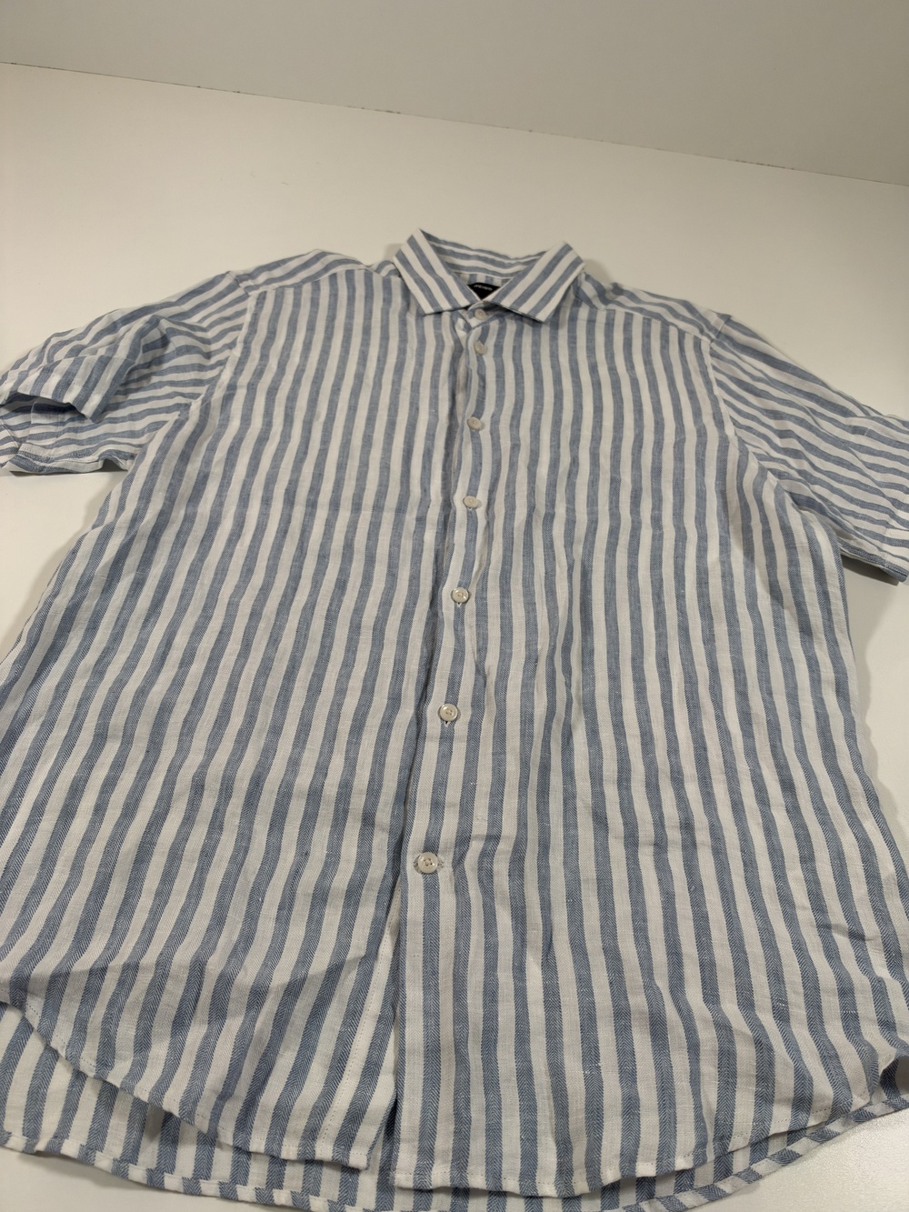 Reiss Shirt Mens 2XL Blue Stripe Linen Short Sleeve Button Up Slim Fit Casual